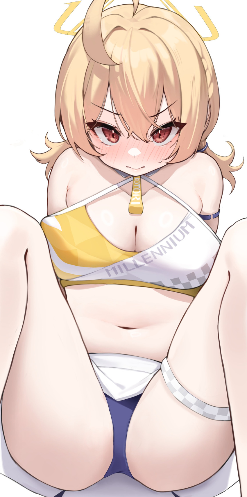 1girl absurdres ahoge bare_shoulders blonde_hair blue_archive blush breasts cheerleader cleavage closed_mouth crop_top hair_between_eyes halo highres kotori_(blue_archive) kotori_(cheer_squad)_(blue_archive) large_breasts looking_at_viewer low_twintails pomp_(qhtjd0120) red_eyes short_twintails simple_background sitting skirt solo sweat tears thigh_strap twintails white_background winter_clothes