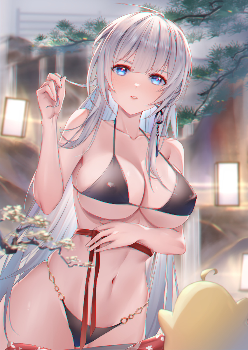 1girl arm_under_breasts azur_lane bikini bird black_bikini blue_eyes blush breasts chick cleavage collarbone commentary_request covered_nipples cowboy_shot earrings hand_up highres holding holding_hair jewelry lantern large_breasts long_hair looking_at_viewer mainz_(azur_lane) mainz_(the_silkiest_brew)_(azur_lane) manjuu_(azur_lane) navel no_shirt o-ring o-ring_bikini official_alternate_costume onsen paper_lantern parted_lips red_sash sash sidelocks signature single_earring sking standing stomach swimsuit tree very_long_hair white_hair