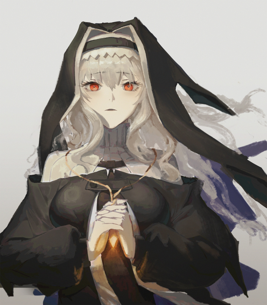 1girl arknights black_dress breasts commentary_request dress floating_hair grey_background grey_hair habit hair_between_eyes highres interlocked_fingers large_breasts lingear long_sleeves looking_at_viewer nun own_hands_clasped own_hands_together parted_lips puffy_long_sleeves puffy_sleeves red_eyes simple_background solo specter_(arknights) specter_the_unchained_(arknights) upper_body veil