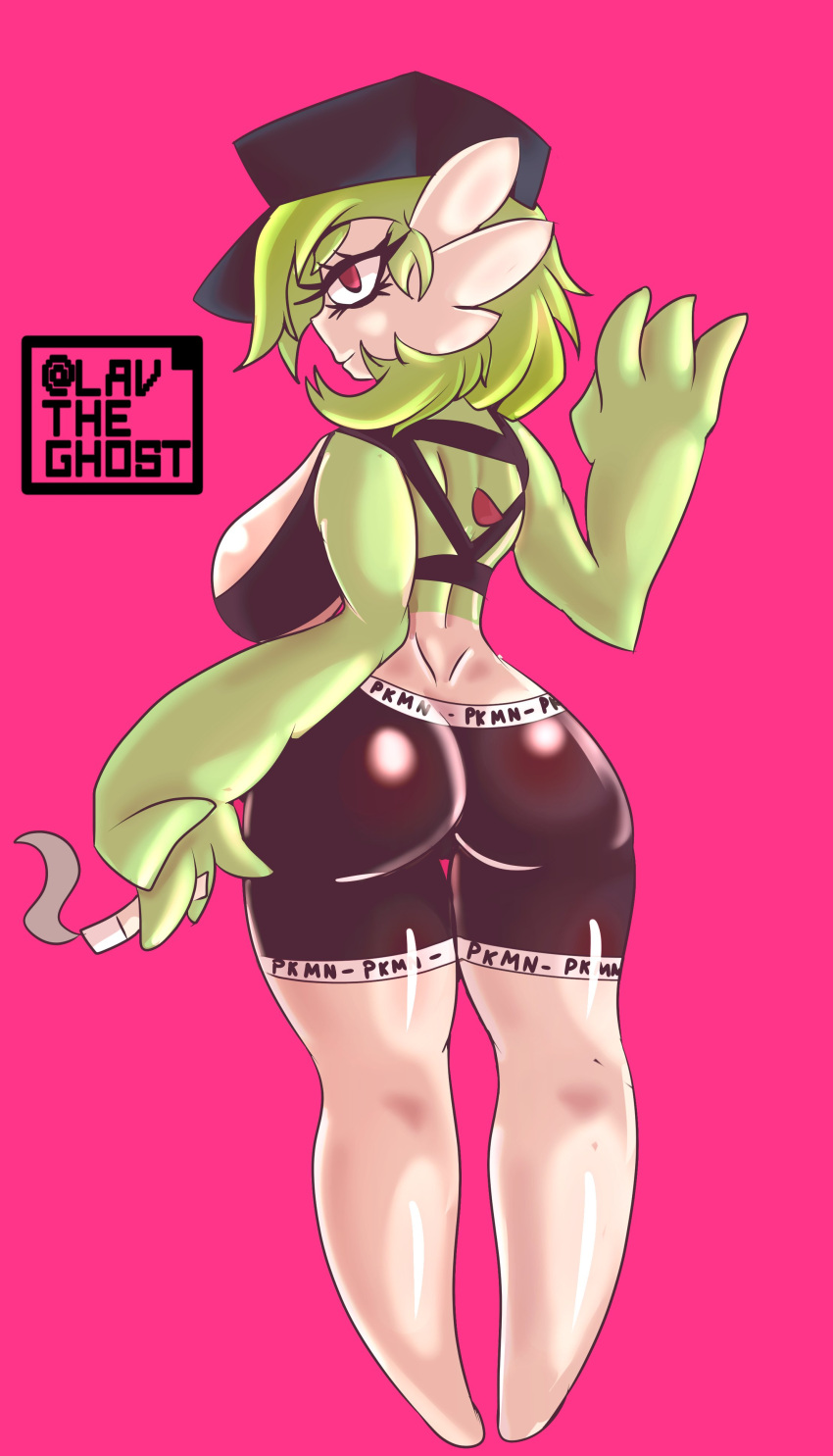 absurd_res big_breasts big_butt black_bottomwear black_clothing black_hat black_headwear black_shorts black_topwear bottomwear breasts butt cigarette clothing eyelashes featureless_feet female gardevoir generation_3_pokemon green_body green_hair hair hat headgear headwear hi_res humanoid lavtheghost looking_at_viewer looking_back looking_back_at_viewer nintendo pink_background pink_eyes pokemon pokemon_(species) rear_view shorts simple_background smile solo thick_thighs topwear white_body wide_hips