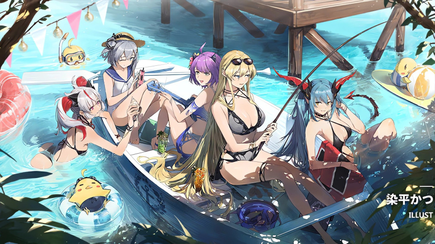 5girls artist_request azur_lane ball baozi bikini bismarck_(azur_lane) bismarck_zwei_(azur_lane) black_bikini blonde_hair blue_bikini blue_eyes boat breasts character_request coral drink fish fishing_rod food green_hair grey_hair highres holding holding_instrument horns instrument jade_(azur_lane) jewelry large_breasts leotard lingerie long_hair medium_hair multicolored_hair multiple_girls necklace official_art otto_von_alvensleben_(azur_lane) paddle purple_hair red_eyes red_hair regensburg_(azur_lane) sailor_collar sitting small_breasts sunglasses swimsuit tail thigh_strap third-party_source tree twintails underwear very_long_hair watercraft white_hair yellow_eyes