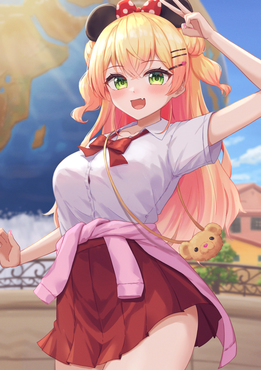 1girl :d absurdres alternate_costume animal_bag animal_ears bear_bag blonde_hair blush bow bowtie clothes_around_waist collared_shirt commentary_request contrapposto double-parted_bangs double_bun fake_animal_ears fang green_eyes hair_bun hair_ornament hairclip hand_up highres hololive jacket jacket_around_waist long_hair looking_at_viewer loose_bowtie miniskirt minnie_mouse_ears momosuzu_nene open_mouth outdoors pleated_skirt rabbit_ears red_bow red_bowtie red_skirt shirt short_sleeves skin_fang skirt smile solo thick_thighs thighs two_side_up typho v virtual_youtuber white_shirt