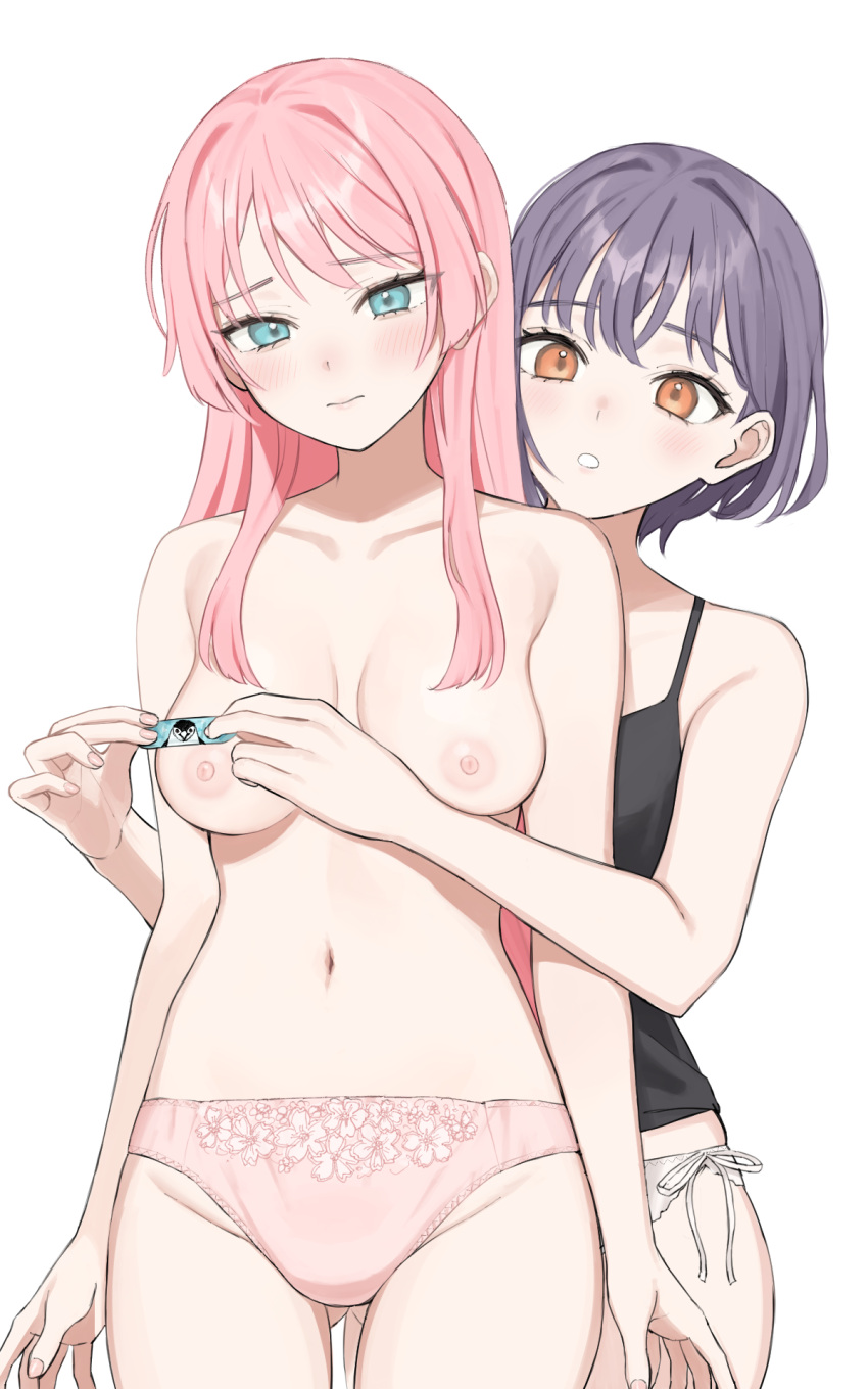 2girls aqua_eyes ass_visible_through_thighs bandaid bang_dream! bang_dream!_it's_mygo!!!!! bare_shoulders black_tank_top blush breasts chihaya_anon closed_mouth collarbone commentary_request commission fingernails floral_print groin highres holding_bandaid lips long_hair medium_hair multiple_girls nail_polish navel nipples orange_eyes panties penguin_print pink_hair pink_lips pink_nails pink_panties print_bandaid print_panties purple_hair side-tie_panties simple_background skeb_commission stomach sutochan takamatsu_tomori tank_top thighs topless underwear underwear_only white_background white_panties