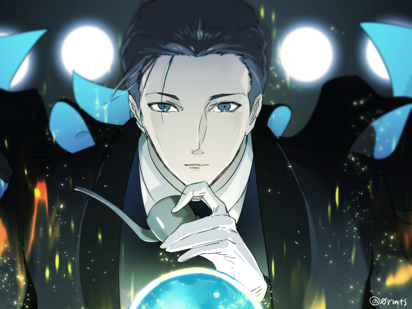 1boy black_hair blue_eyes closed_mouth embers fate/grand_order fate_(series) general_orumutsu gloves hair_slicked_back highres holding holding_smoking_pipe looking_at_viewer magic magnifying_glass male_focus sherlock_holmes_(fate) short_hair smoking_pipe solo twitter_username upper_body white_gloves