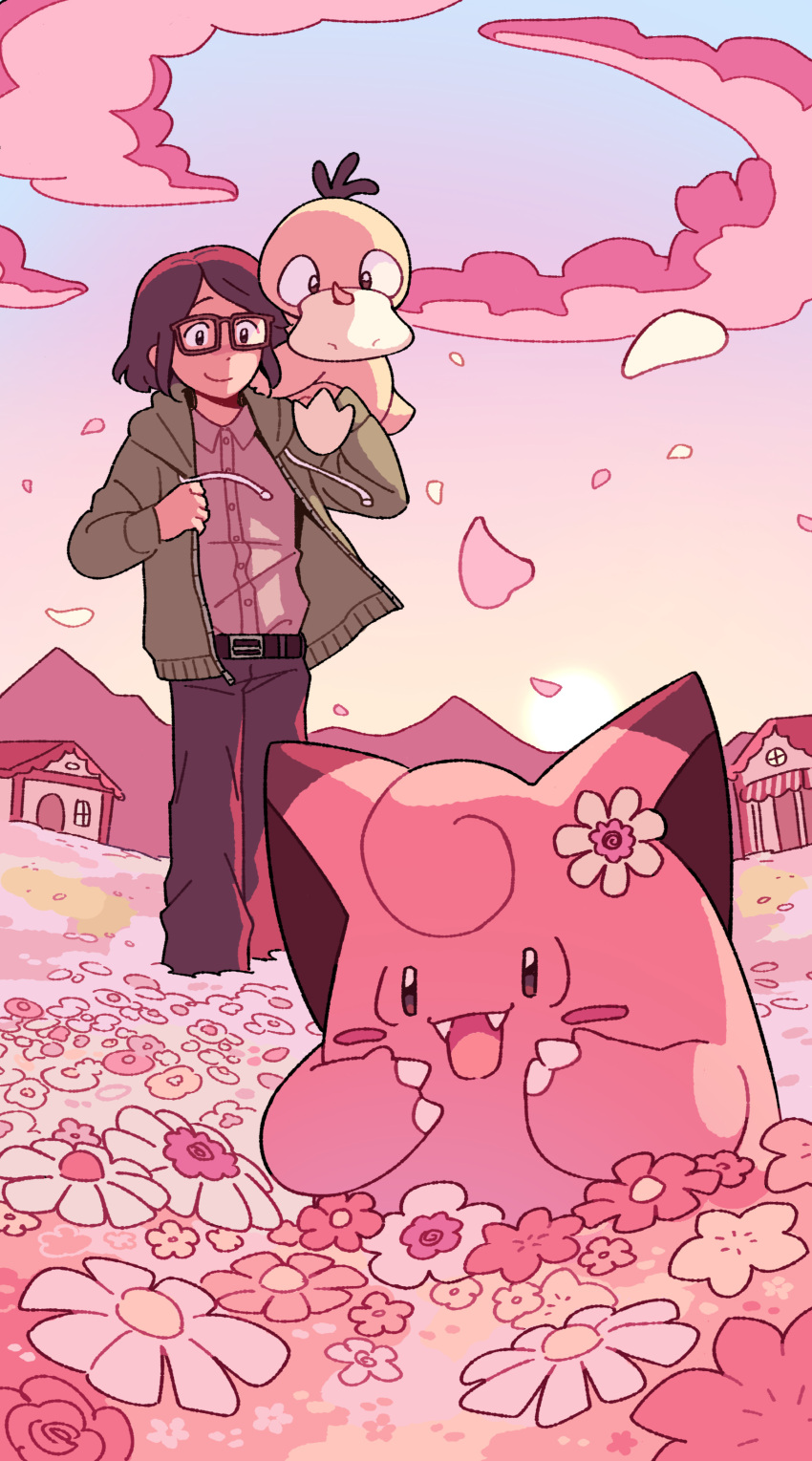 1boy absurdres belt blush brown-framed_eyewear brown_hair building clefairy closed_mouth cloud collared_shirt commentary commission english_commentary field flower flower_field full_body glasses green_jacket highres jacket long_sleeves magicact on_shoulder open_clothes open_jacket open_mouth original outdoors pants petals pink_clouds pink_flower pokemon pokemon_(creature) pokemon_on_shoulder psyduck shirt short_hair smile standing sun sunset