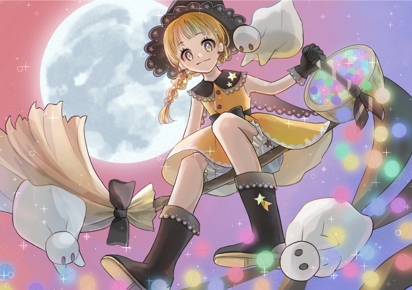 1girl basket black_bow black_cape black_footwear black_headwear blonde_hair boots bow braid broom broom_riding cape dress ghost halloween highres holding holding_basket long_hair looking_at_viewer moon naname1129 night night_sky original outdoors sidesaddle sky witch yellow_dress