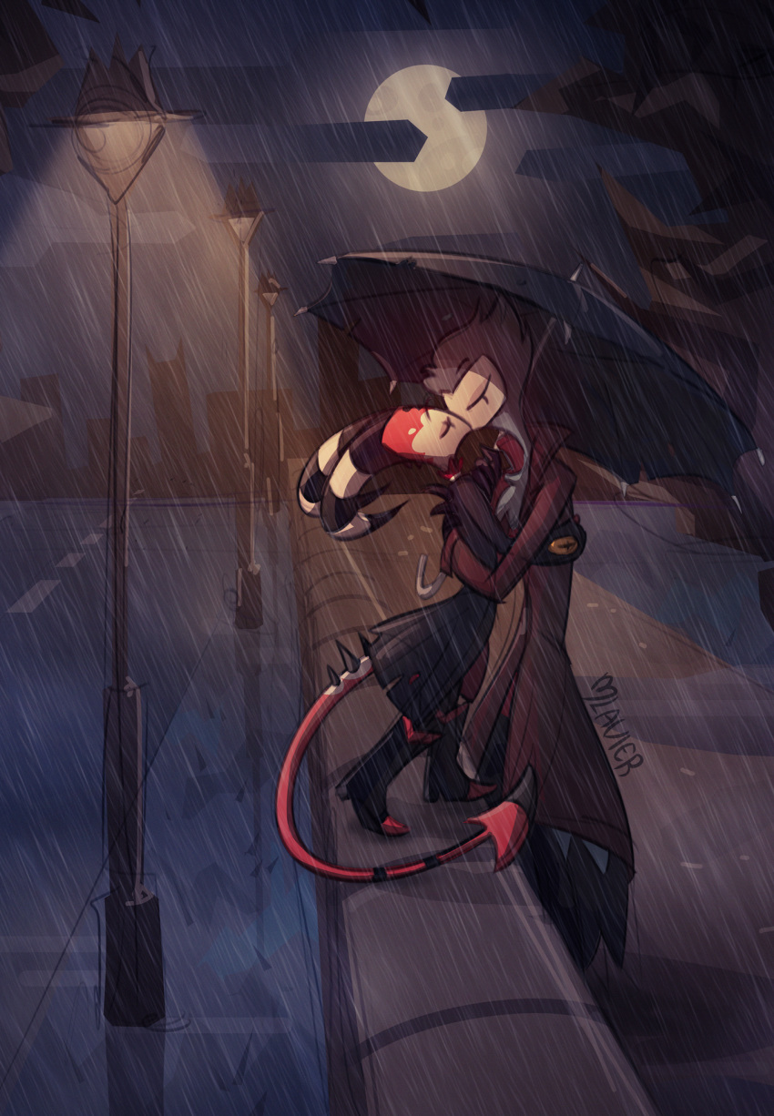 anthro avian bird blitzo_(helluva_boss) city clothed clothing coat demon detailed_background duo embrace eyes_closed feathers grey_body grey_feathers helluva_boss hi_res humanoid imp kissing male male/male mlavieer moon night outside owl owl_demon raining red_body red_skin signature stolas_(helluva_boss) topwear umbrella