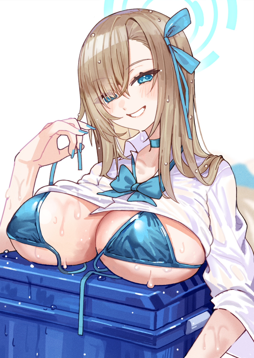 1girl asuna_(blue_archive) bikini blue_archive blue_bikini blue_bow blue_bowtie blue_choker blue_eyes blue_nails bow bowtie breast_rest breasts brown_hair choker commentary_request fingernails hair_ribbon highres large_breasts long_hair nail_polish ribbon ryuuno6 school_uniform shirt smile swimsuit wet wet_clothes wet_hair wet_shirt