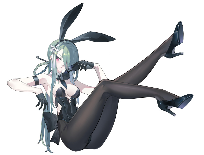1girl animal_ears black_footwear black_gloves black_leotard blue_archive breasts cleavage closed_mouth detached_collar echj fake_animal_ears gloves green_hair hair_over_one_eye hair_ribbon high_heels highres holding holding_eyewear legs leotard long_hair looking_at_viewer medium_breasts mina_(blue_archive) pantyhose pink_eyes playboy_bunny rabbit_ears ribbon simple_background solo strapless strapless_leotard sunglasses white_background white_ribbon