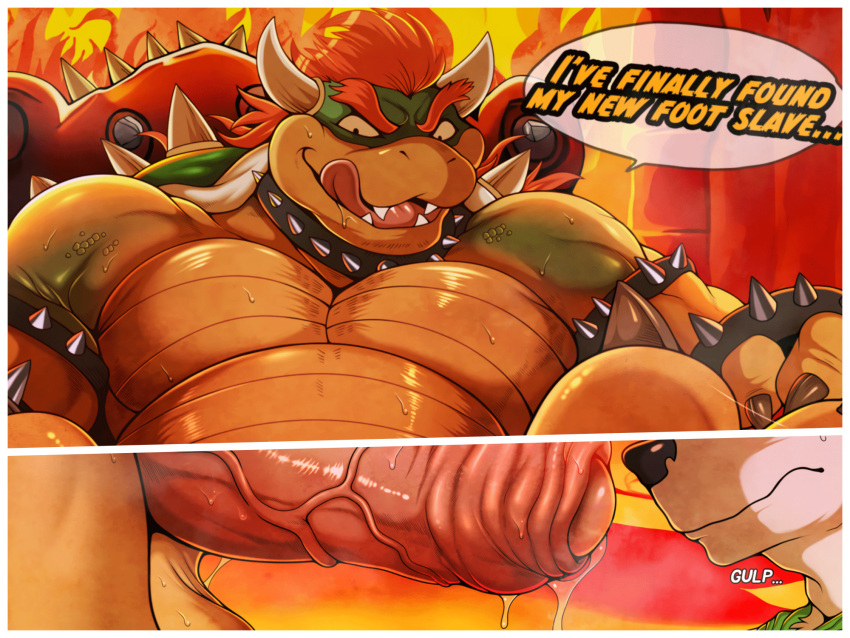 2_horns ambiguous_gender anthro bodily_fluids bowser canid duo english_text genitals hi_res horn koopa male male/ambiguous mammal mario_bros muscular muscular_anthro muscular_male nintendo penis scales scalie sweat tan_(artist) text vein veiny_penis