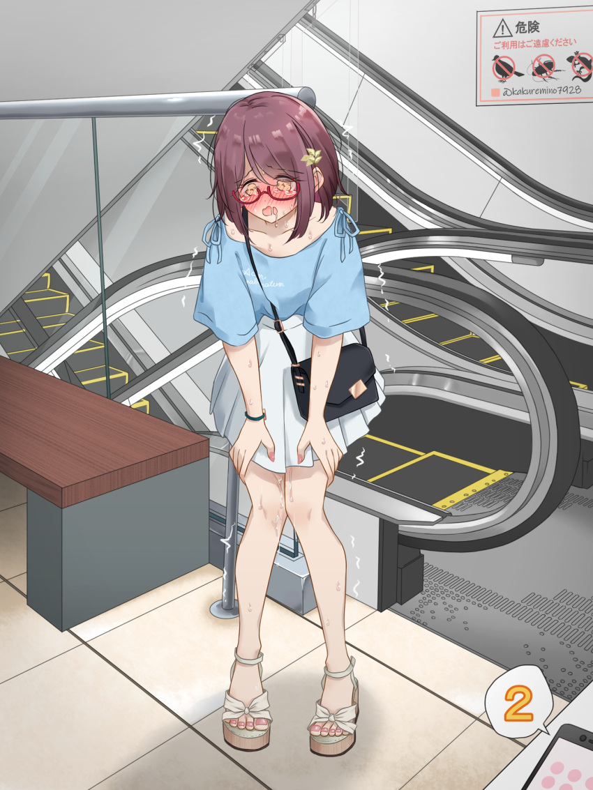 1girl artist_name bag bench blue_shirt blush bracelet cellphone clothes_writing collarbone commentary_request drooling embarrassed escalator flat_chest full_body glasses handbag hands_on_own_thighs highres indoors jewelry kakuremino7928 knees_together_feet_apart legs miniskirt mouth_drool nail_polish nose_blush open_mouth original phone pink_nails pleated_skirt public_indecency purple_hair pussy_juice raised_eyebrows red-framed_eyewear remote_control_vibrator saliva sandals semi-rimless_eyewear sex_toy shirt shirt_tucked_in short_hair short_sleeves shoulder_bag sidelocks sign signature skirt smartphone solo speech_bubble stairs standing sweat tears tile_floor tiles toenail_polish toenails translation_request trembling twitter_username vibrator vibrator_under_clothes wavy_eyes white_footwear white_skirt yellow_eyes
