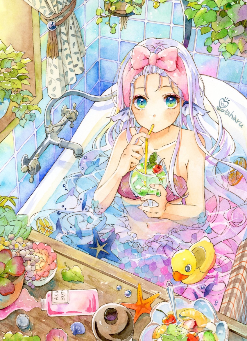 1girl bathroom bathtub blue_eyes bottle cherry collarbone commentary_request curtains drink drinking drinking_straw drinking_straw_in_mouth fins fish food fruit head_fins highres holding holding_drink ice ice_cube indoors leaf light_purple_hair long_hair looking_at_viewer navel orange_(fruit) orange_slice original partially_submerged plant potted_plant rubber_duck scales shell shell_bikini sink solo spill spoon starfish tile_wall tiles water yuyuharu_1027