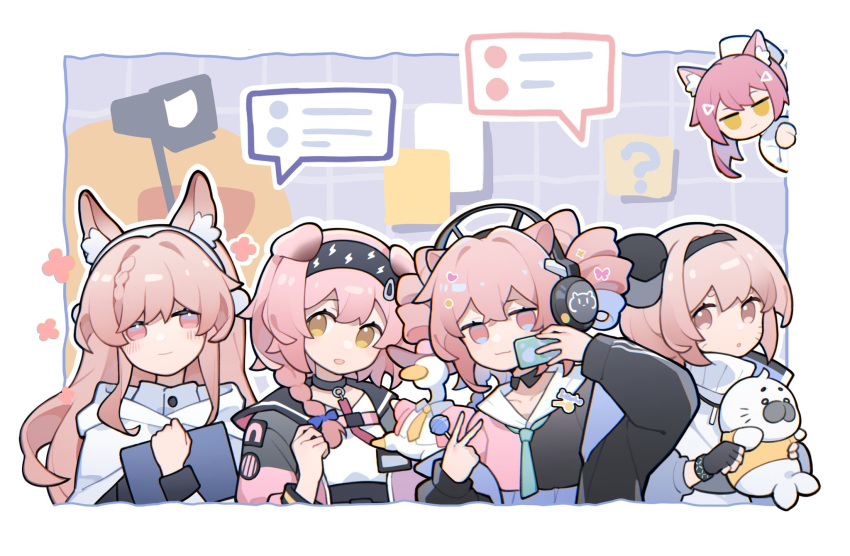 5girls animal_ear_fluff animal_ears arknights cat_ears cat_girl cellphone character_doll character_request color_connection drill_hair duck_lord_(arknights) eureka_(arknights) fedora fingerless_gloves gloves goldenglow_(arknights) hair_color_connection hairband hat headphones highres holding holding_phone multiple_girls phone pink_hair pozyomka_(arknights) pudding_(arknights) scottish_fold selfie smartphone stuffed_animal stuffed_duck stuffed_seal stuffed_toy twin_drills tyuui v wolf_ears wolf_girl