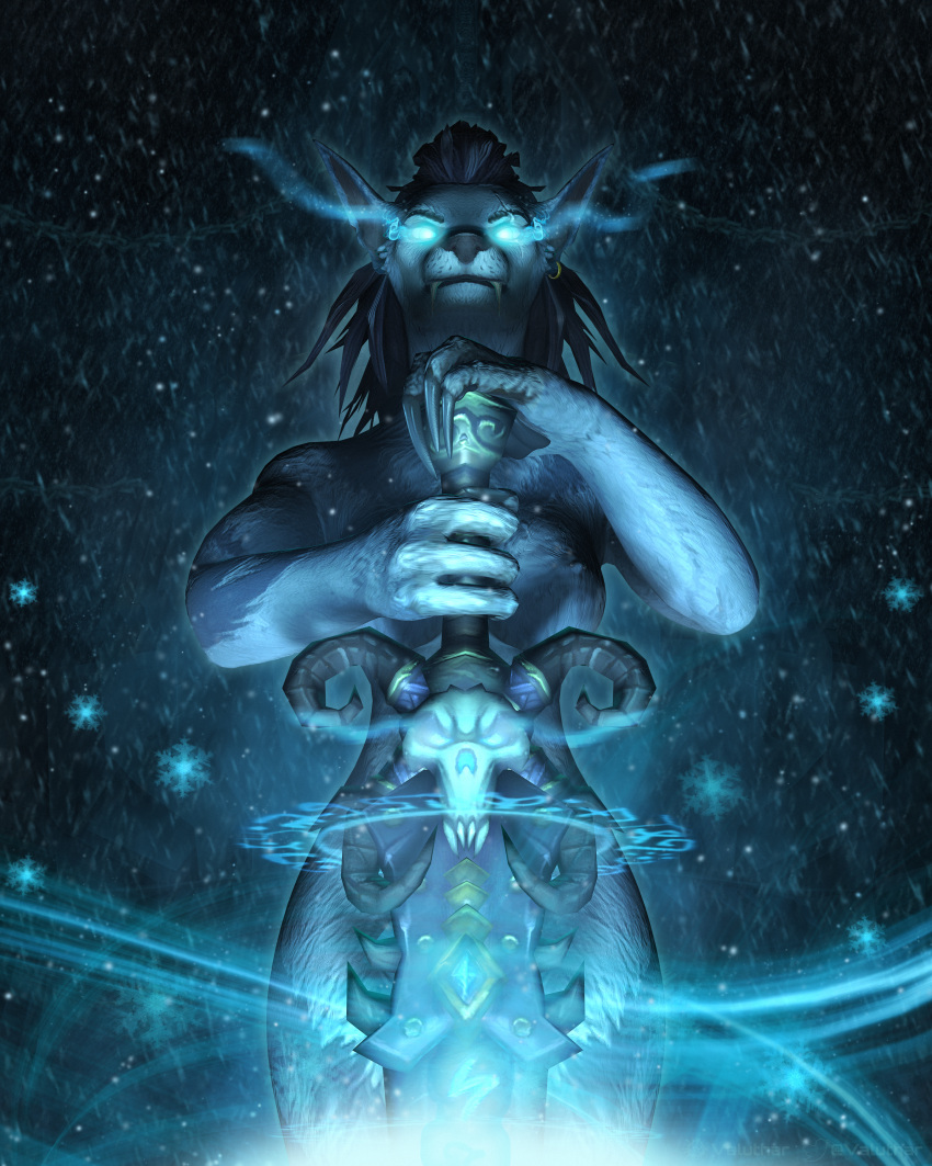 3d_(artwork) 4:5 abs absurd_res accessory anthro armor axandris_bloodpaw belly big_breasts blizzard_entertainment bone breasts building canid castle claws cold cool_colors digital_media_(artwork) ear_piercing ear_ring ears_up elemental_manipulation eyelashes female fur glowing glowing_eyes grey_body grey_fur hair handpaw hi_res holding_object holding_sword holding_weapon ice_manipulation light long_claws long_hair looking_at_viewer looking_down_at_viewer low-angle_view magic mammal melee_weapon metal multicolored_body multicolored_fur muscular muscular_female navel nipple_piercing nipples nude pawpads paws piercing pillar pivoted_ears plate_armor ring_piercing runes skull smile snow snowflake solo solo_focus standing sword two_tone_body two_tone_fur undead valuthar warcraft weapon were werecanid wide_hips worgen