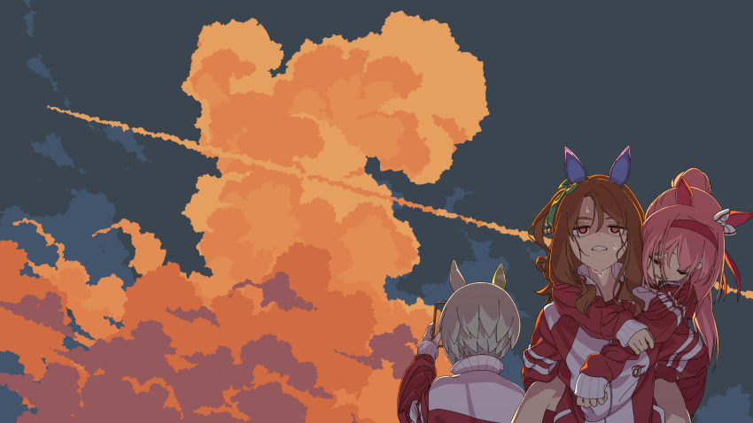 3girls animal_ears arms_around_neck boko_(maniacpurple) bow brown_hair carrying cellphone cloud cloud_focus cloudy_sky commentary contrail day drooling ear_covers exhausted frown green_bow grey_hair hair_bow hand_up haru_urara_(umamusume) headband high_collar highres holding holding_phone horse_ears horse_girl jacket king_halo_(umamusume) long_hair long_sleeves looking_ahead multicolored_clothes multicolored_jacket multiple_girls one_side_up orange_clouds outdoors parted_lips phone piggyback pink_hair ponytail popped_collar red_eyes red_headband red_jacket seiun_sky_(umamusume) shaded_face short_hair single_ear_cover sky sleeping sleeping_on_person smartphone summer sweat taking_picture tracen_training_uniform track_jacket two-tone_jacket umamusume upper_body wavy_hair white_bow white_jacket
