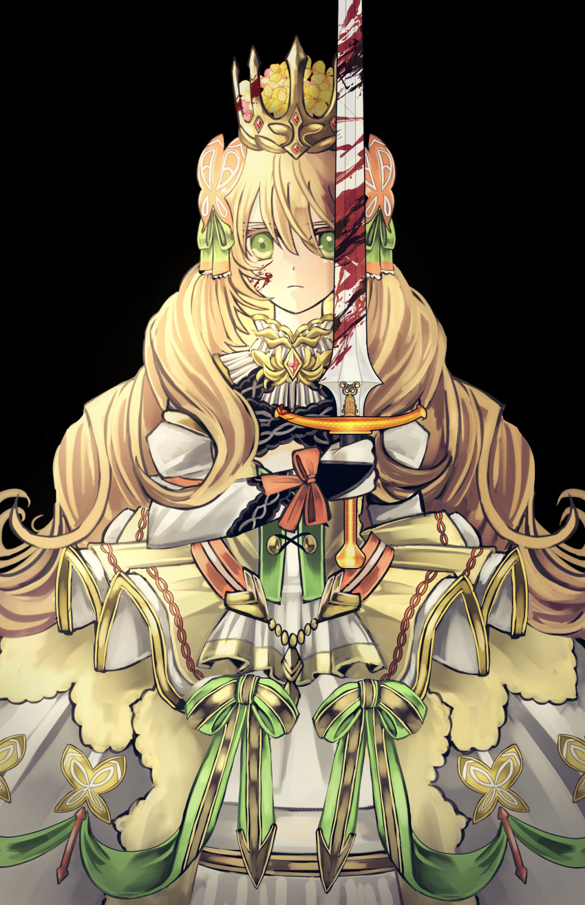 1girl absurdres black_background blonde_hair blood blood_on_face blood_on_weapon butterfly_hair_ornament celine_(fire_emblem) crown dress fire_emblem fire_emblem_engage flower green_eyes hair_ornament highres holding holding_sword holding_weapon long_hair looking_at_viewer omlililimo princess serious simple_background solo sword upper_body very_long_hair weapon