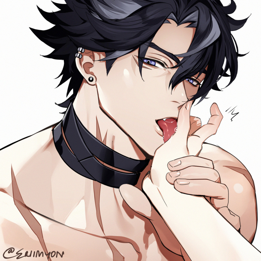 1boy 1other artist_name bandaged_neck bandages black_hair blue_eyes collarbone commentary ear_piercing earrings english_commentary eriimyon fang genshin_impact grey_hair hair_between_eyes hand_up highres holding_another's_wrist jewelry licking licking_hand looking_at_viewer male_focus multicolored_hair open_mouth parted_bangs piercing pov saliva scar scar_on_cheek scar_on_face scar_on_neck short_hair simple_background solo_focus streaked_hair stud_earrings tongue tongue_out twitter_username white_background wriothesley_(genshin_impact)