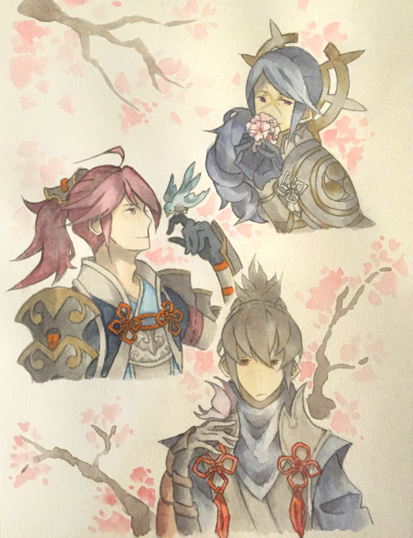 1girl 2boys armor bird bird_on_hand blue_hair fire_emblem fire_emblem_fates grey_hair highres japanese_armor japanese_clothes looking_at_viewer multiple_boys red_hair reina_(fire_emblem) soranker subaki_(fire_emblem) takumi_(fire_emblem)