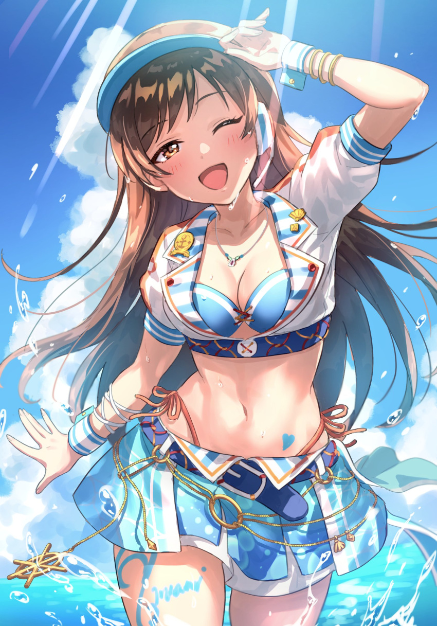 anchor_symbol arm_ribbon arm_up belt bikini blue_belt blue_bikini blue_skirt blue_sky blue_wrist_cuffs breasts cleavage cloud collarbone cowboy_shot crop_top cropped_shirt day dot_nose front-tie_bikini_top front-tie_top headset heart heart_tattoo highres idolmaster idolmaster_cinderella_girls idolmaster_cinderella_girls_starlight_stage jewelry midriff multiple_bracelets navel necklace nitta_minami one_eye_closed open_hand outstretched_arm print_skirt ribbon shinonoko_(tubamecider) shirt short_sleeves shorts shorts_under_skirt skirt sky splashing sunlight swimsuit tattoo visor_cap wet white_ribbon white_shirt white_shorts wrist_cuffs