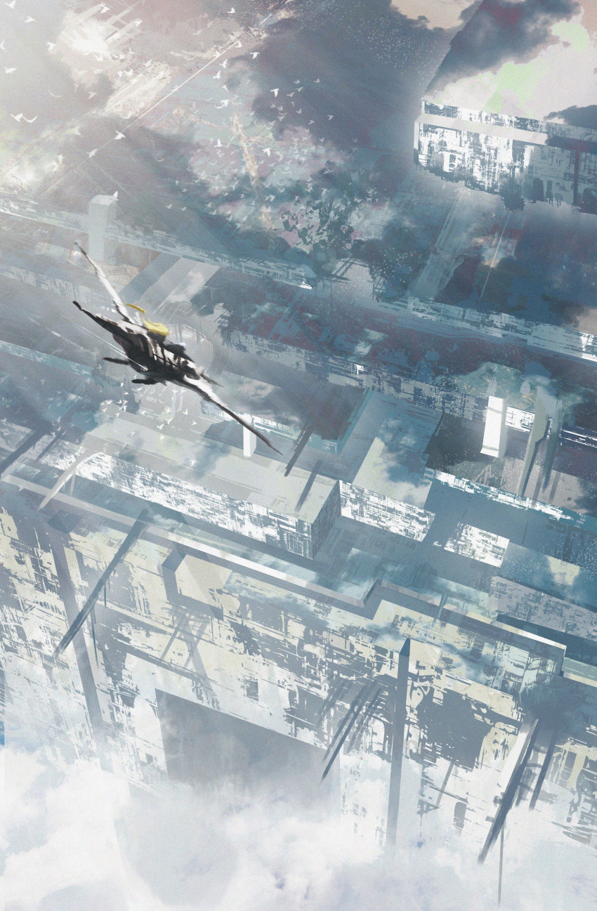 1girl absurdres asteroid_ill blonde_hair building cityscape cloud cornea_(asteroid_ill) day facing_away floating_hair flying fog from_above highres light_rays long_hair original outdoors scenery simple_bird solo very_wide_shot