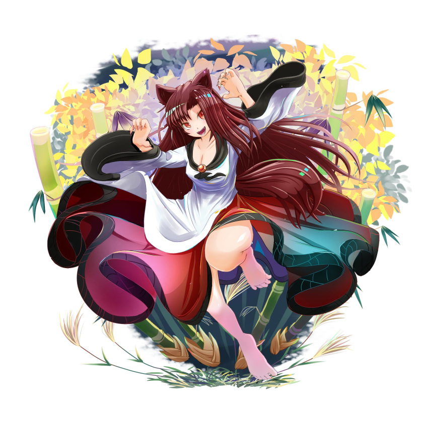 1girl :d animal_ears barefoot brown_hair commentary_request dress flower full_body highres imaizumi_kagerou long_hair looking_at_viewer open_mouth red_dress red_eyes ryo_(ryopics) smile touhou two-tone_dress white_dress wolf_ears wolf_girl yellow_flower