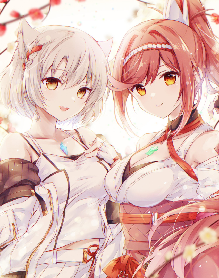 2girls animal_ears armor bare_shoulders breasts cat_ears chest_jewel cleavage closed_mouth collarbone commentary core_crystal_(xenoblade) fingerless_gloves glimmer_(xenoblade) gloves grey_hair hair_between_eyes highres jacket japanese_armor japanese_clothes kimono long_hair looking_at_viewer medium_breasts mio_(xenoblade) multiple_girls neck_tattoo obi off_shoulder open_clothes open_jacket open_mouth ponytail red_hair sash shirt short_hair siblings sisters smile swept_bangs tattoo teeth ui_frara upper_teeth_only very_long_hair white_gloves white_kimono white_shirt xenoblade_chronicles_(series) xenoblade_chronicles_3 xenoblade_chronicles_3:_future_redeemed
