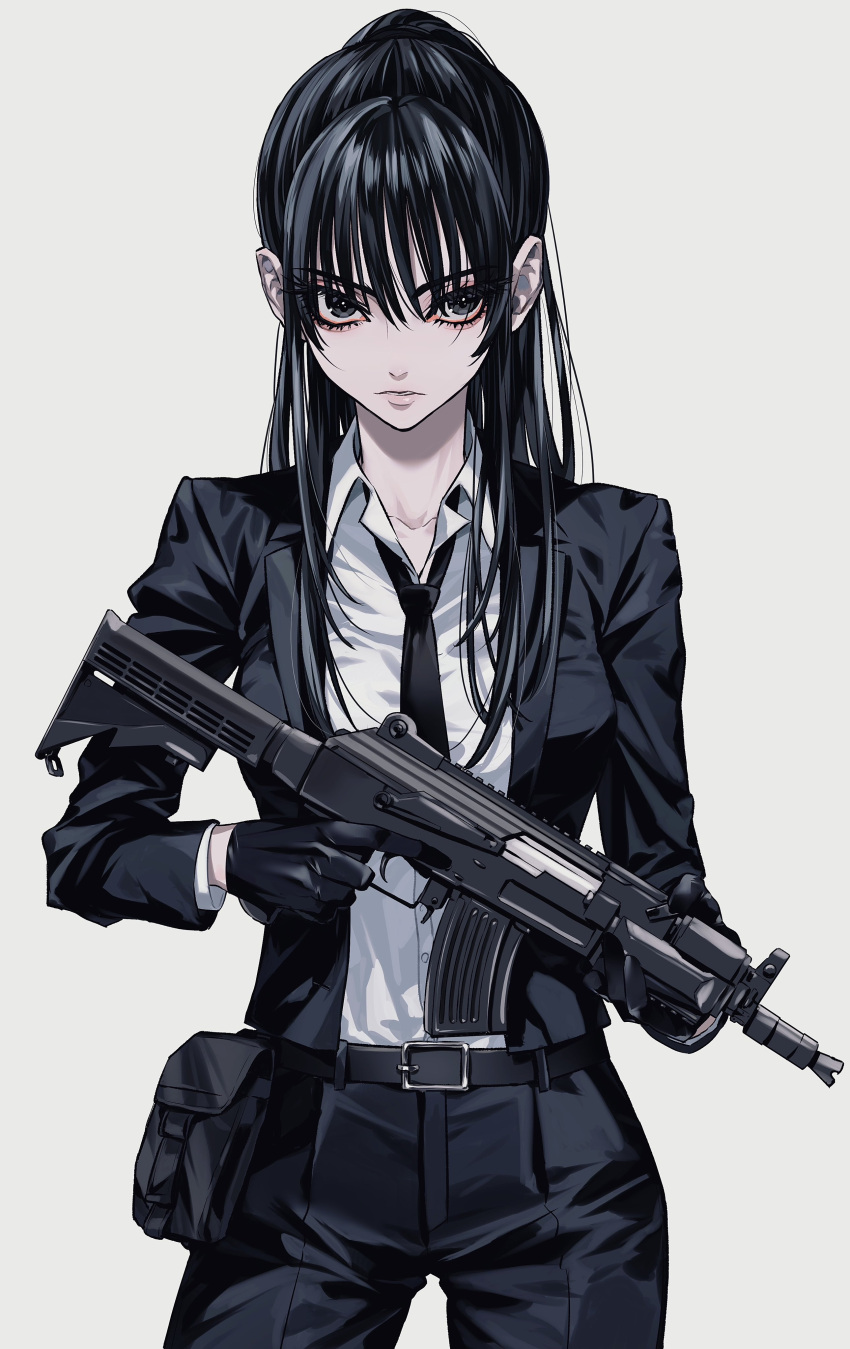 1girl absurdres assault_rifle belt belt_buckle belt_pouch black_belt black_eyes black_gloves black_hair black_jacket black_necktie black_pants black_suit buckle collared_shirt cowboy_shot eyelashes formal gloves gun hair_between_eyes high_ponytail highres holding holding_gun holding_weapon jacket kalashnikov_rifle long_hair long_sleeves looking_at_viewer loose_necktie necktie open_clothes open_jacket original pants parted_lips pouch rifle shirt shirt_tucked_in simple_background solo suit suit_jacket trigger_discipline urkt_10 weapon white_background white_shirt