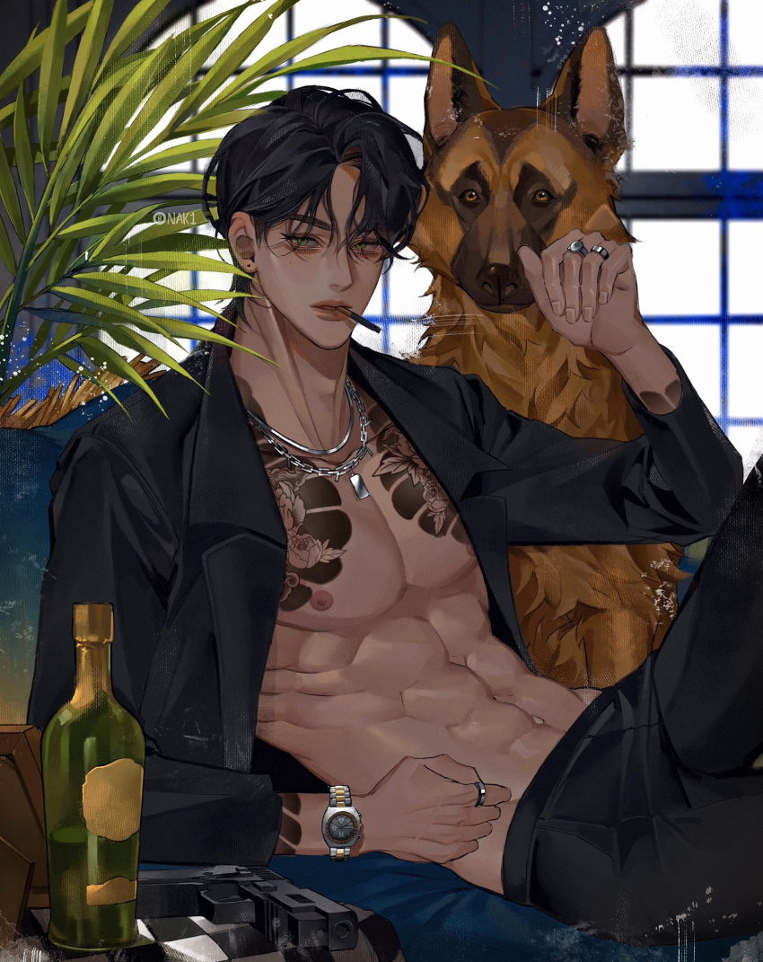 1boy abs arm_tattoo bishounen black_hair black_jacket black_pants bottle chest_tattoo cigarette couch cowboy_shot dog ear_piercing elbow_on_knee eyeliner gun highres indoors jacket jewelry leaf long_sleeves looking_at_viewer makeup male_focus multiple_rings nak1_00 navel necklace nipples on_couch open_clothes original pants parted_bangs parted_lips pectorals pet piercing plant potted_plant ring short_hair sitting solo tattoo twitter_username watch weapon