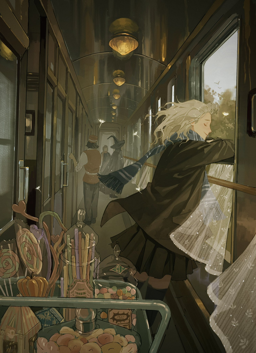 arm_rest black_skirt black_thighhighs blue_scarf candy character_request closed_eyes floating_hair food from_side galley_cart harry_potter_(series) highres iyzlime jacket jelly_bean leaning_on_object light_brown_hair lollipop luna_lovegood open_clothes open_jacket pleated_skirt scarf skirt smile thighhighs wizarding_world