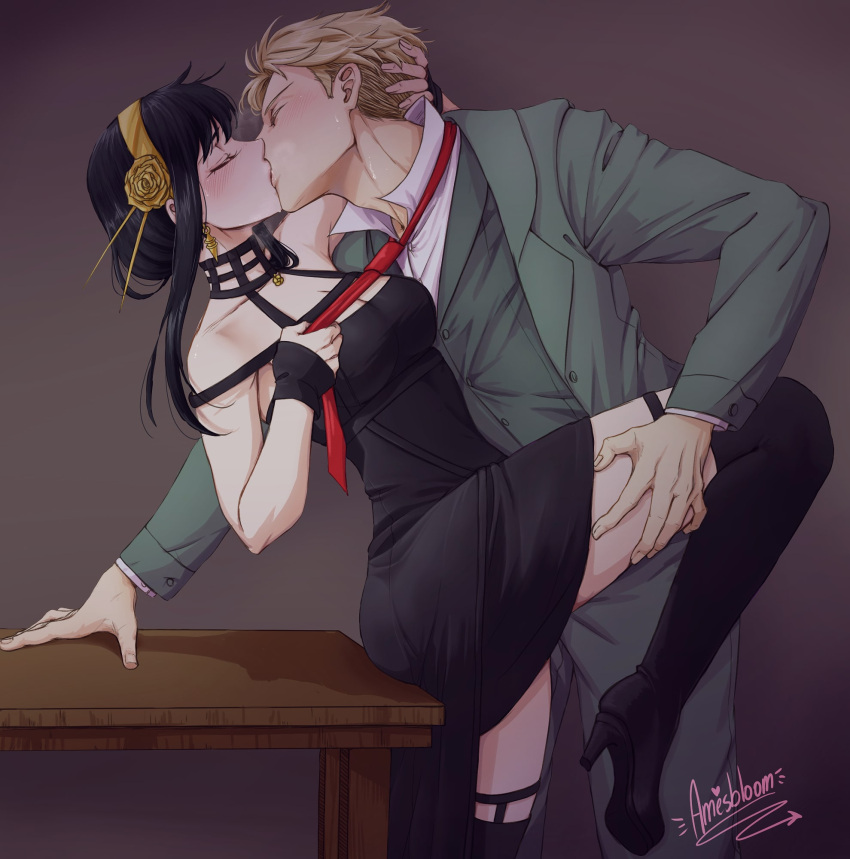 1boy 1girl amesbloom bare_shoulders black_hair blonde_hair blush breasts closed_eyes couple french_kiss grabbing hand_on_another's_leg hand_on_another's_thigh hetero highres holding husband_and_wife kiss large_breasts long_hair looking_at_another shirt short_hair spy_x_family twilight_(spy_x_family) yor_briar