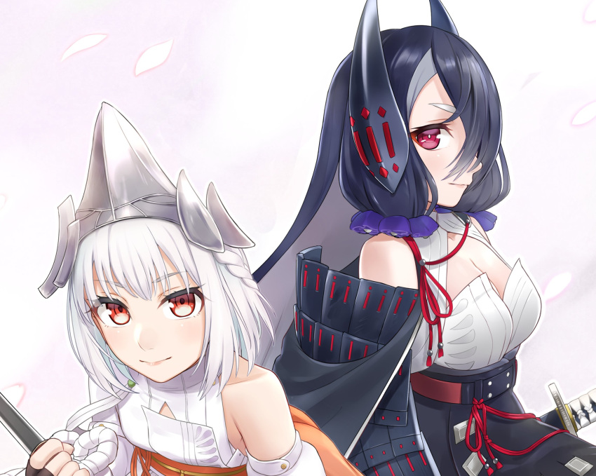 2girls aizu_masamune aizu_shintougo armor asymmetrical_sleeves bare_shoulders black_cape black_hair braid cape cleavage_cutout clothing_cutout detached_sleeves determined falling_petals fingerless_gloves french_braid from_side gloves hair_ornament hair_scrunchie headgear highres holding holding_weapon kurofuti long_hair looking_at_viewer low_twintails multiple_girls petals red_eyes scrunchie sheath sheathed short_hair shoulder_armor smile tenka_hyakken twintails upper_body v-shaped_eyebrows weapon white_hair