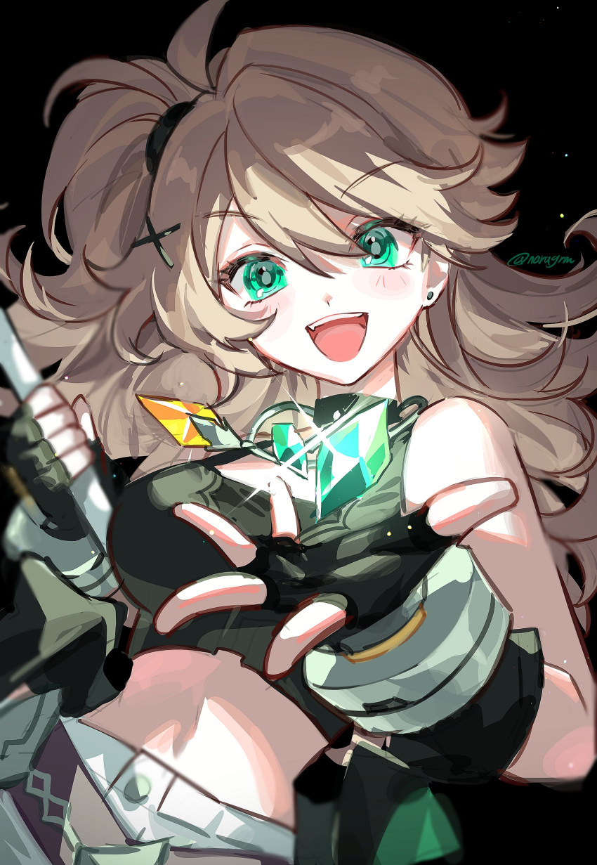 1girl absurdres bare_shoulders belt brown_hair crop_top earrings elsword fingerless_gloves gloves green_eyes hair_ornament highres holding holding_crystal jewelry light_blush lithia_beryl_(elsword) long_hair midriff narugrm one_side_up open_mouth sleeveless solo stomach x_hair_ornament