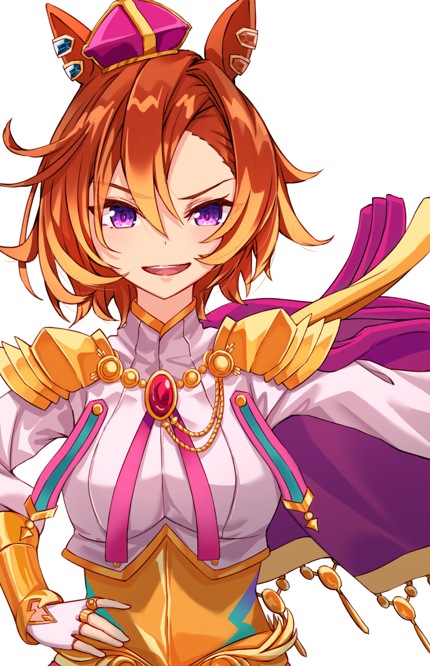 1girl absurdres aiguillette animal_ears breasts cape commentary crown ear_ornament fingerless_gloves gauntlets gem gloves gold_trim hair_between_eyes highres horse_ears horse_girl jacket jewelry long_sleeves medium_breasts multiple_rings open_mouth orange_hair purple_eyes ring shirt shoulder_guard simple_background smile solo t.m._opera_o_(umamusume) teeth tilted_headwear umamusume upper_body upper_teeth_only v-shaped_eyebrows white_background white_gloves white_jacket yu_sa1126