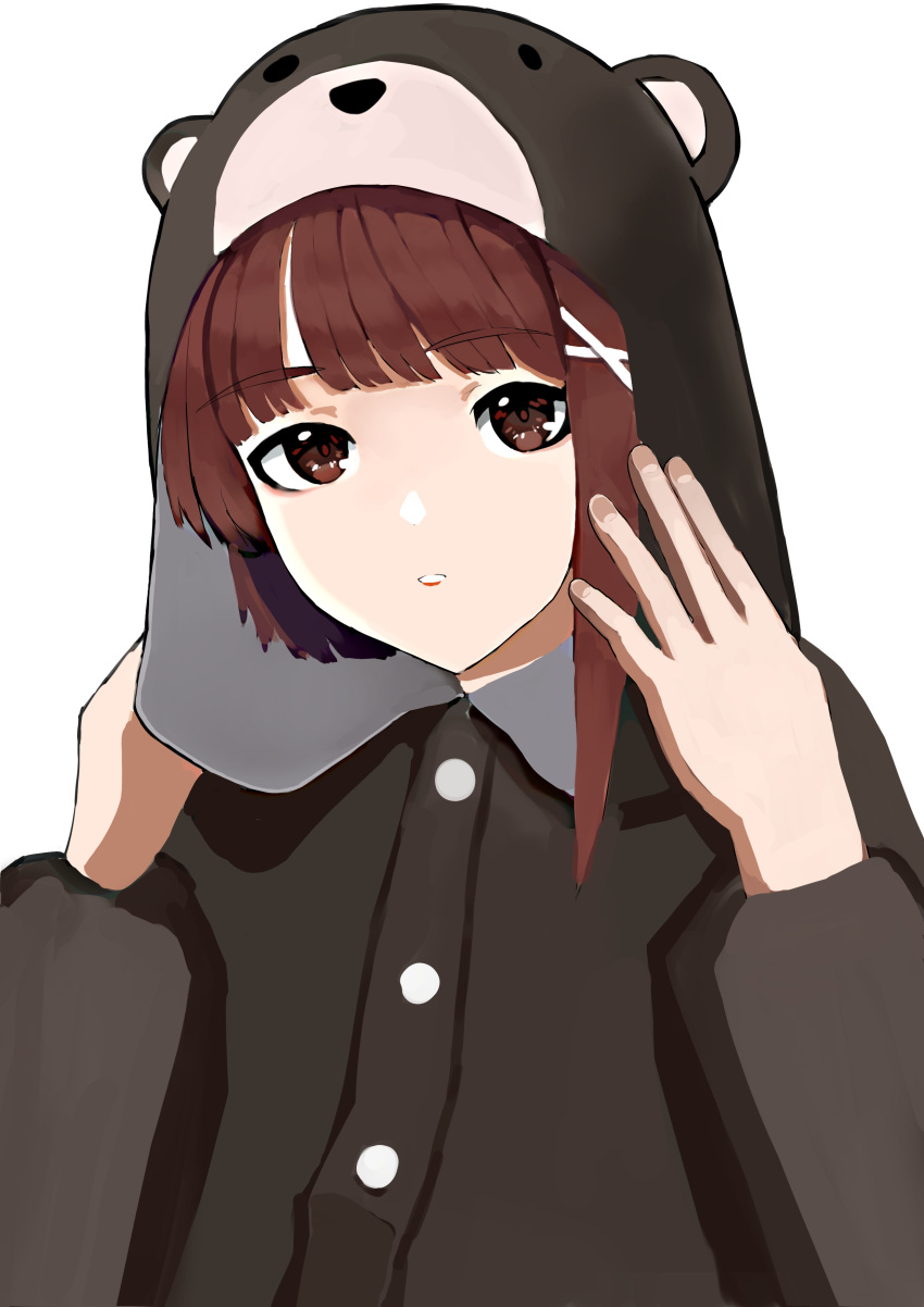 1girl absurdres adjusting_hood animal_costume animal_ears animal_hood asymmetrical_hair bear_costume bear_ears bear_hood bear_pajamas blunt_bangs brown_eyes brown_hair brown_pajamas commentary expressionless fake_animal_ears hair_ornament hands_up highres hood hood_up iwakura_lain long_sleeves looking_at_viewer pajamas parted_lips ruri_(colorfuljars) serial_experiments_lain short_hair simple_background single_sidelock solo upper_body white_background x_hair_ornament