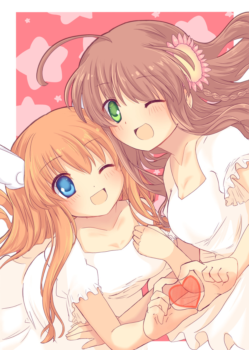 2girls ;d absurdres ahoge alternate_costume blue_eyes blush border braid breasts brown_hair canaca_chiyuri cleavage cleavage_cutout clothing_cutout collarbone commentary_request dress eyes_visible_through_hair floating_hair flower green_eyes hair_between_eyes hair_flower hair_ornament hair_spread_out happy heart heart_hands heart_hands_duo highres kanbe_kotori long_hair looking_at_viewer medium_breasts multiple_girls one_eye_closed ootori_chihaya open_mouth orange_hair pink_background pink_flower puffy_short_sleeves puffy_sleeves rewrite short_sleeves sidelocks simple_background smile star_(symbol) straight_hair twin_braids two_side_up upper_body wavy_hair white_border white_dress wing_hair_ornament yuri