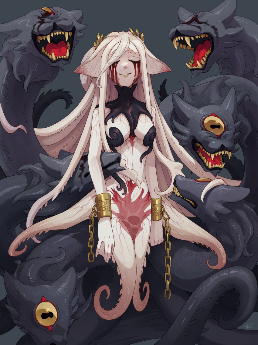 1girl blood blood_from_eyes breasts chain creature cuffs grey_background highres large_breasts long_hair monster_girl one-eyed open_mouth original parted_lips scylla shackles sharp_teeth simple_background smile teeth tentacle_hair tentacles white_hair yamanobe_saya
