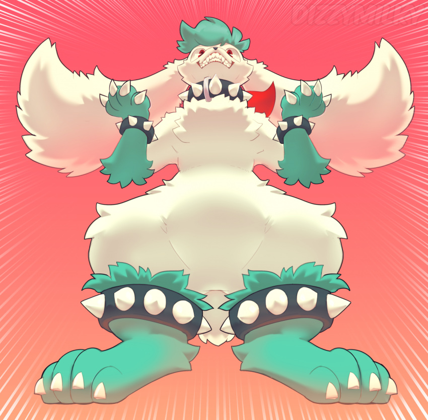 2023 4_fingers 4_toes artist_name claws collar digital_media_(artwork) dizzymilky featureless_crotch feet finger_claws fingers generation_4_pokemon gradient_background hi_res legendary_pokemon looking_at_viewer looking_down nintendo pokemon pokemon_(species) semi-anthro sharp_teeth shaymin simple_background sky_forme_shaymin spiked_collar spikes teeth toe_claws toes