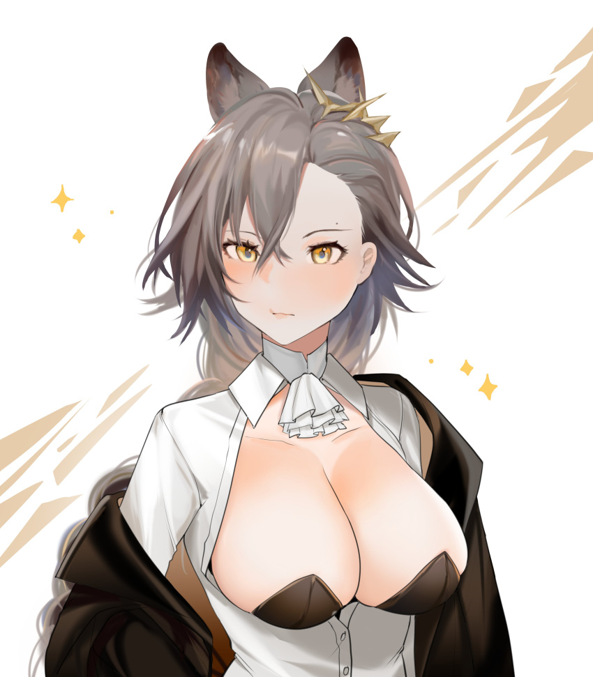 1girl absurdres animal_ear_fluff animal_ears anthea_(neris_45) arknights black_jacket black_leotard blush braid breasts cleavage closed_mouth collarbone collared_shirt commentary dress_shirt grey_hair hair_between_eyes highres jacket large_breasts leotard leotard_under_clothes mole_above_eye off_shoulder open_clothes open_jacket open_shirt orange_eyes parted_bangs penance_(arknights) shirt simple_background solo sparkle strapless strapless_leotard white_background white_shirt
