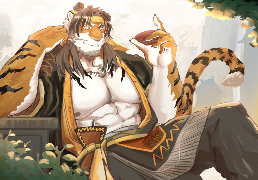 1boy animal_ears arknights bara bare_pectorals beard cup elbow_rest facial_hair feet_out_of_frame furry furry_male hand_up headband highres holding holding_cup huai_tianpei_(arknights) large_pectorals long_hair male_focus mature_male muscular muscular_male open_clothes pectorals pelvic_curtain sakazuki sleeves_rolled_up solo sonchai_(asha_sonchai173) striped_fur thick_eyebrows tiger_boy tiger_ears yellow_eyes yellow_headband