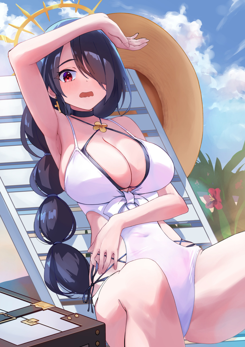 1girl absurdres arm_up armpits bare_arms black_choker blue_archive blue_sky blush braid braided_ponytail breasts choker cleavage commentary covered_navel cowboy_shot criss-cross_halter cross cross_earrings curvy day earrings eyelashes flower hair_over_one_eye halo halterneck highres hinata_(blue_archive) hinata_(swimsuit)_(blue_archive) jewelry large_breasts long_hair looking_at_viewer lying noomaru_(nomorepeople) one-piece_swimsuit one_eye_covered open_mouth outdoors red_eyes red_flower relaxing shy sitting sky solo swimsuit very_long_hair wavy_mouth white_one-piece_swimsuit yellow_halo