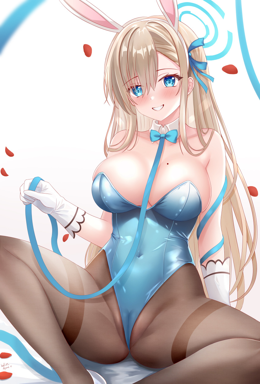 absurdres animal_ears aqua_leotard asuna_(blue_archive) asuna_(blue_archive)_(cosplay) asuna_(bunny)_(blue_archive) asymmetrical_bangs blonde_hair blue_archive blue_bow blue_bowtie blue_eyes blue_leotard bow bowtie breasts cameltoe cleavage cosplay detached_collar fake_animal_ears hair_over_one_eye halo highleg highleg_leotard highres kallen_ayase large_breasts leotard light_brown_hair looking_at_viewer mole mole_on_breast official_alternate_costume pantyhose playboy_bunny rabbit_ears smile spread_legs strapless strapless_leotard thighband_pantyhose traditional_bowtie