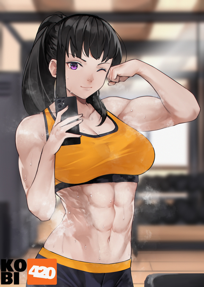 1girl abs artist_name black_hair blurry blurry_background breasts en'en_no_shouboutai flexing highres kobi420 looking_at_viewer maki_oze medium_breasts muscular muscular_female navel one_eye_closed orange_sports_bra phone ponytail purple_eyes selfie smile solo sports_bra steaming_body sweat upper_body watermark