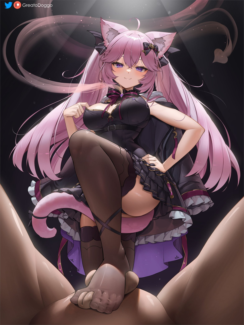 1boy 1girl ahoge animal_ear_fluff animal_ears ball_busting bdsm blush bow bowtie breasts cat_ears cat_girl cbt crotch_stomping dress frilled_dress frills greatodoggo hair_ornament hetero highres large_breasts long_hair looking_at_viewer no_shoes nyatasha_nyanners penis pink_hair pov purple_eyes sadism smile soles stepped_on stomping tail testicles thighhighs thighs twintails uncensored virtual_youtuber vshojo