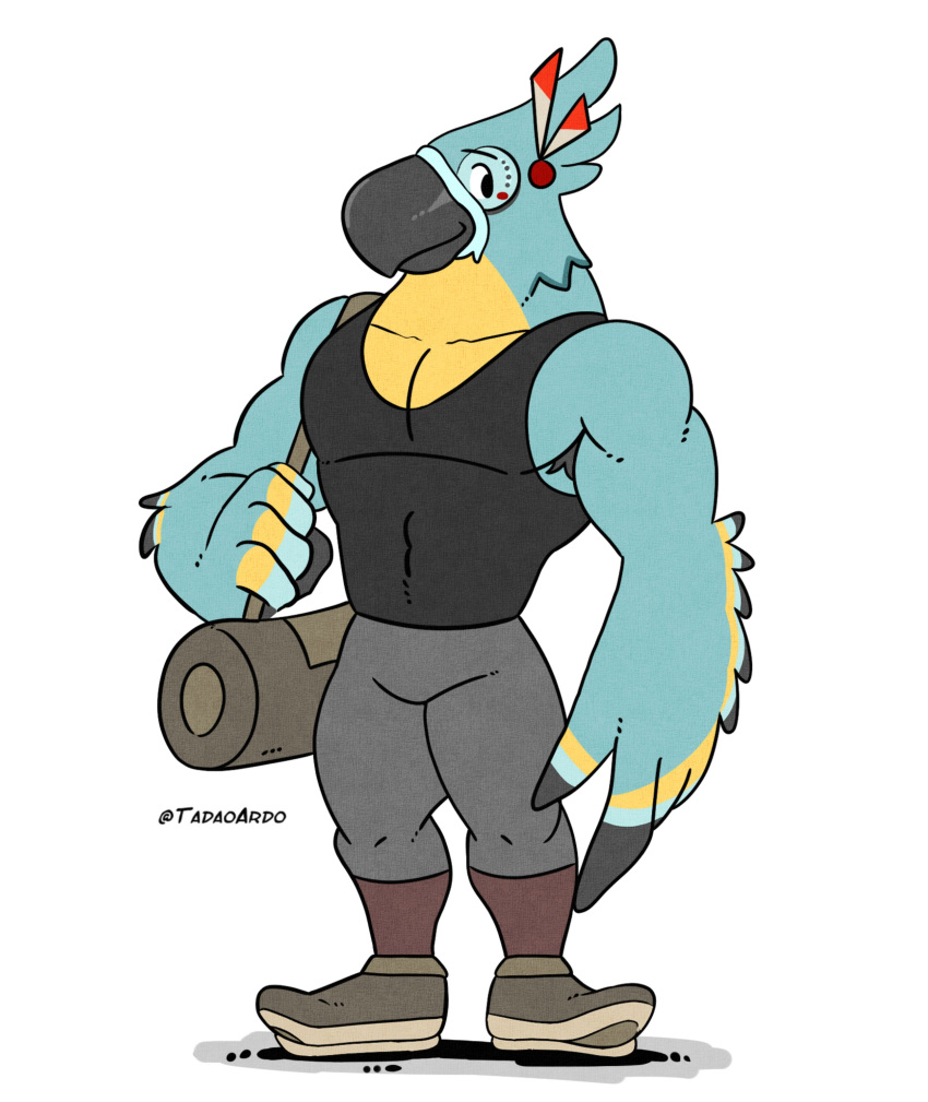 abs absurd_res anthro armpit_hair avian beak bird black_beak blue_body blue_feathers body_hair bottomwear breath_of_the_wild clothing feathers footwear grabbing_bag grey_bottomwear grey_clothing grey_pants gym_bag hi_res kass_(tloz) looking_away male nintendo pants pecs revali shirt shoes sneakers socks solo tadaoardo tank_top the_legend_of_zelda topwear yellow_body yellow_feathers