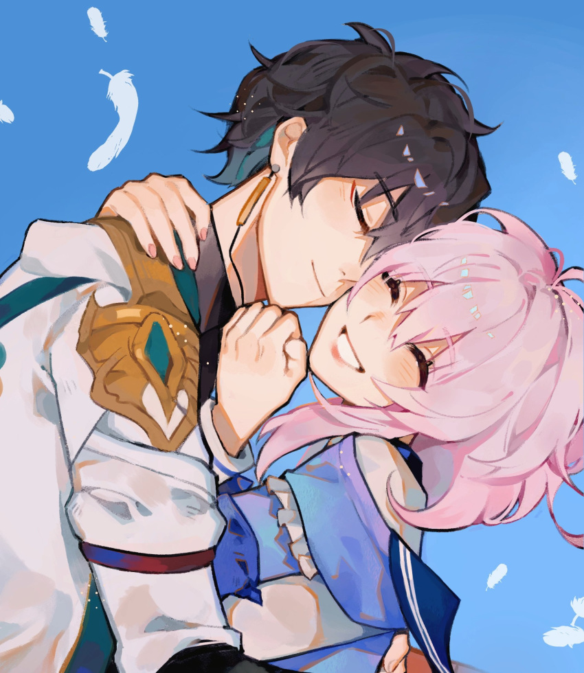 1boy 1girl black_hair chinese_clothes closed_eyes closed_mouth couple dan_heng_(honkai:_star_rail) earrings feathers hand_around_neck hetero highres honkai:_star_rail honkai_(series) hug jewelry lemonade_1610 march_7th_(honkai:_star_rail) pink_hair short_hair simple_background smile upper_body