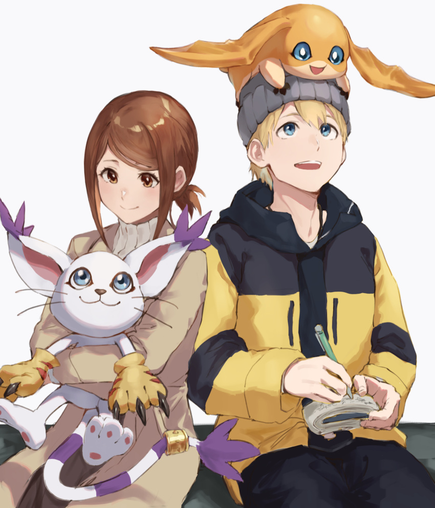 1boy 1girl :d black_jacket blue_eyes brown_hair digimon digimon_adventure_02 digimon_on_head highres holding holding_pen hug jacket jojobirdz looking_down looking_up multicolored_clothes multicolored_jacket patamon pen short_hair sitting smile tailmon takaishi_takeru two-tone_jacket writing yagami_hikari yellow_jacket