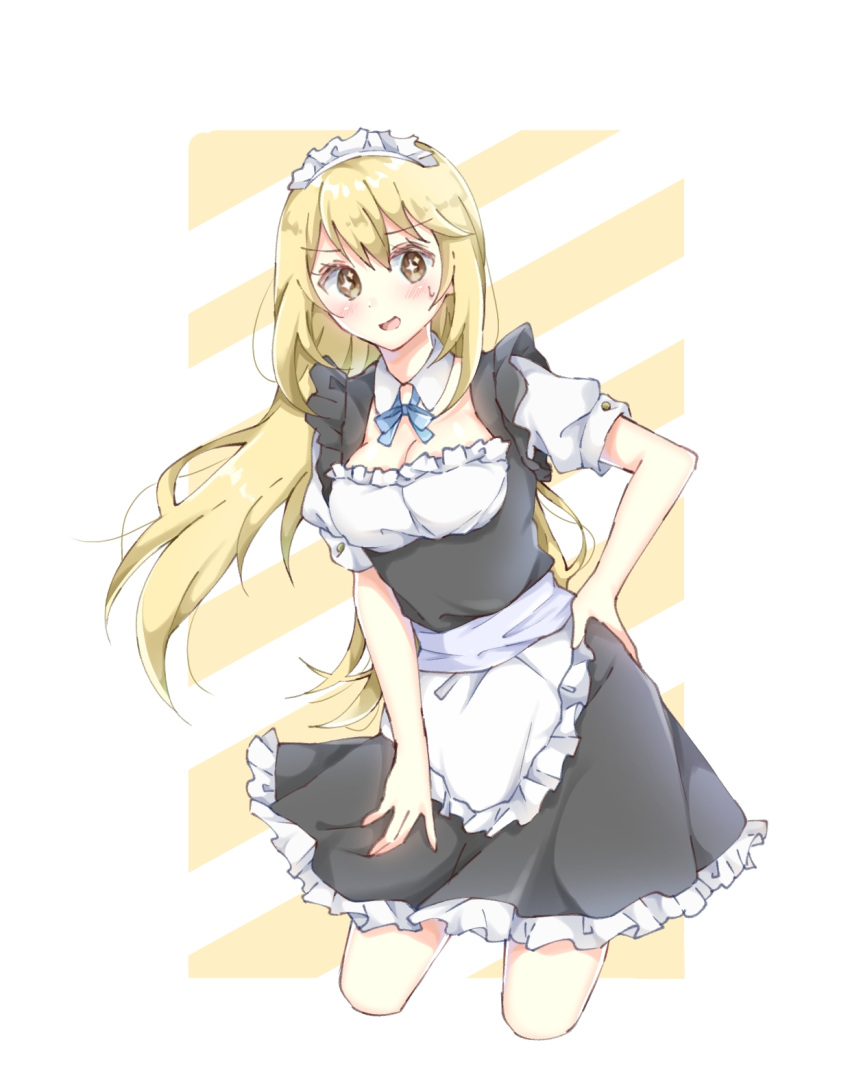 168_azusa 1girl alternate_costume apron black_dress blonde_hair blue_ribbon breasts cleavage commentary_request cropped_legs detached_collar dress enmaided hand_on_own_hip highres large_breasts light_blush looking_at_viewer maid maid_apron maid_headdress neck_ribbon open_mouth ribbon shokuhou_misaki short_sleeves solo sparkling_eyes sweatdrop toaru_kagaku_no_mental_out toaru_kagaku_no_railgun toaru_majutsu_no_index two-tone_background yellow_pupils