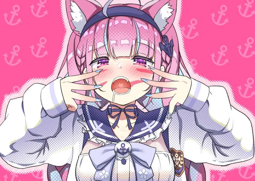 1girl absurdres ahoge animal_(vocaloid) animal_ear_fluff animal_ears blue_bow blue_bowtie blue_choker blue_hair blue_nails blue_sailor_collar blunt_bangs bow bowtie braid breasts cat_ears choker colored_inner_hair commentary_request facial_mark fanged_bangs fingernails frilled_sailor_collar frills hands_on_own_face highres hololive jacket kuraudo large_breasts long_fingernails long_hair long_sleeves looking_at_viewer minato_aqua minato_aqua_(5th_costume) multicolored_hair nail_polish official_alternate_costume open_mouth pink_background purple_eyes purple_hair ribbon_choker sailor_collar sailor_shirt school_uniform serafuku sharp_fingernails shirt solo streaked_hair twin_braids twintails two-tone_hair virtual_youtuber white_jacket white_shirt