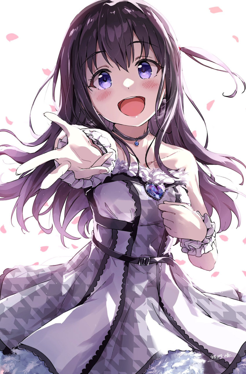 1girl :d ayano_yuu_(sonma_1426) bare_shoulders birthday black_hair blue_eyes blush breasts collarbone dress falling_petals frilled_cuffs fur-trimmed_dress fur_trim happy_birthday heart-shaped_gem highres idol idoly_pride jewelry long_hair looking_at_viewer medium_breasts nagase_mana one_side_up open_mouth pendant petals purple_eyes reaching reaching_towards_viewer romaji_commentary skirt sleeveless smile solo teeth upper_body upper_teeth_only white_dress