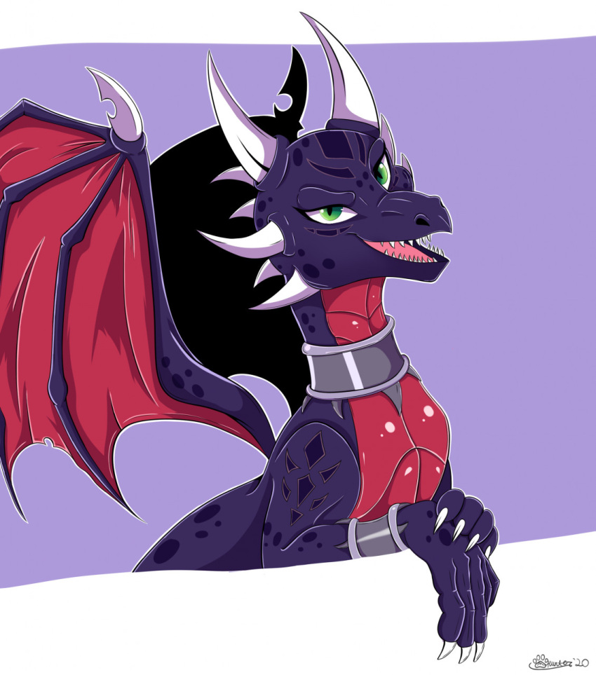 2020 activision armband claws collar cynder dragon dragon_wings fangs female feral hi_res horn jewelry looking_at_viewer marcushunter necklace nude open_mouth scales signature smile smiling_at_viewer solo spyro_the_dragon teeth tongue wings wristband
